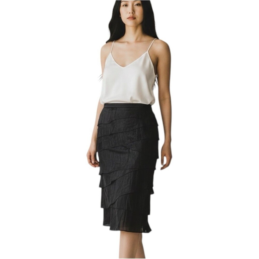 Victor Costa Metallic Black Tiered Skirt Vintage Size M Evening Glam